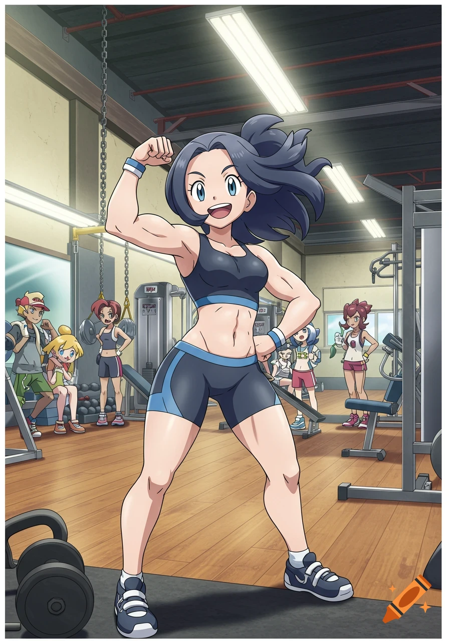 Liko, a Pokémon trainer, flexes her arm muscles in a gym, surrounded by other characters, in anime style.