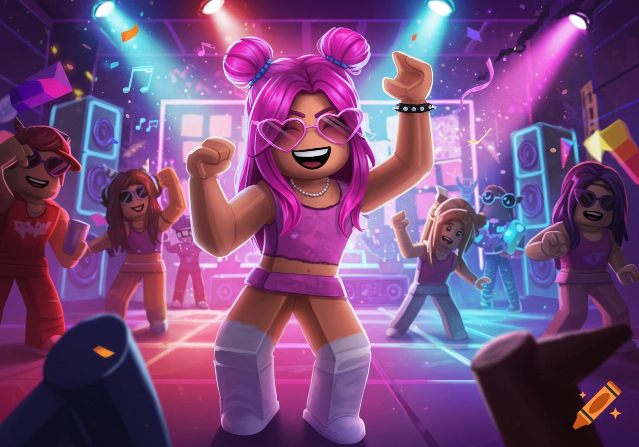 Roblox-style characters in a vibrant, neon-lit party scene, with a girl in pink dancing in the foreground.