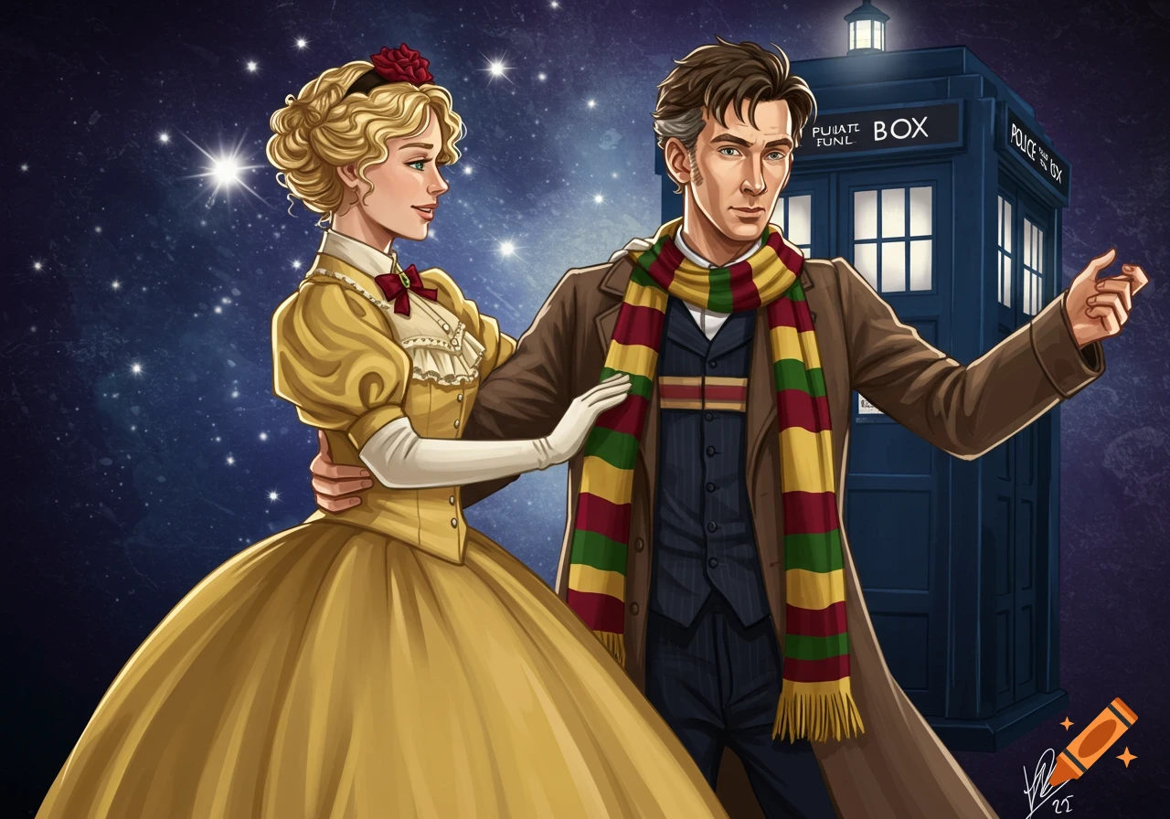 An illustration of a man with a striped scarf dancing with a woman in a yellow Victorian dress against a starry space background with the TARDIS.