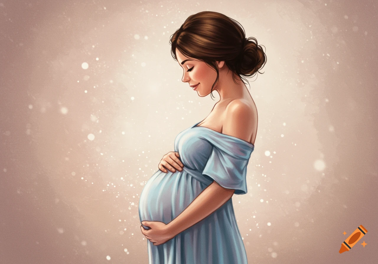 Illustrated portrait of a pregnant woman in a blue off-shoulder dress, gently holding her belly and looking down, against a soft, light background with glowing specks.