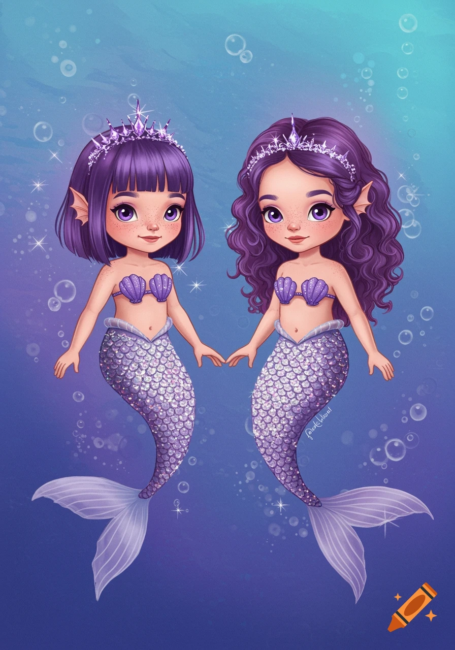 Two purple-haired cartoon mermaids with sparkly tails, wearing seashell tops and tiaras, holding hands underwater in a fairytale style.