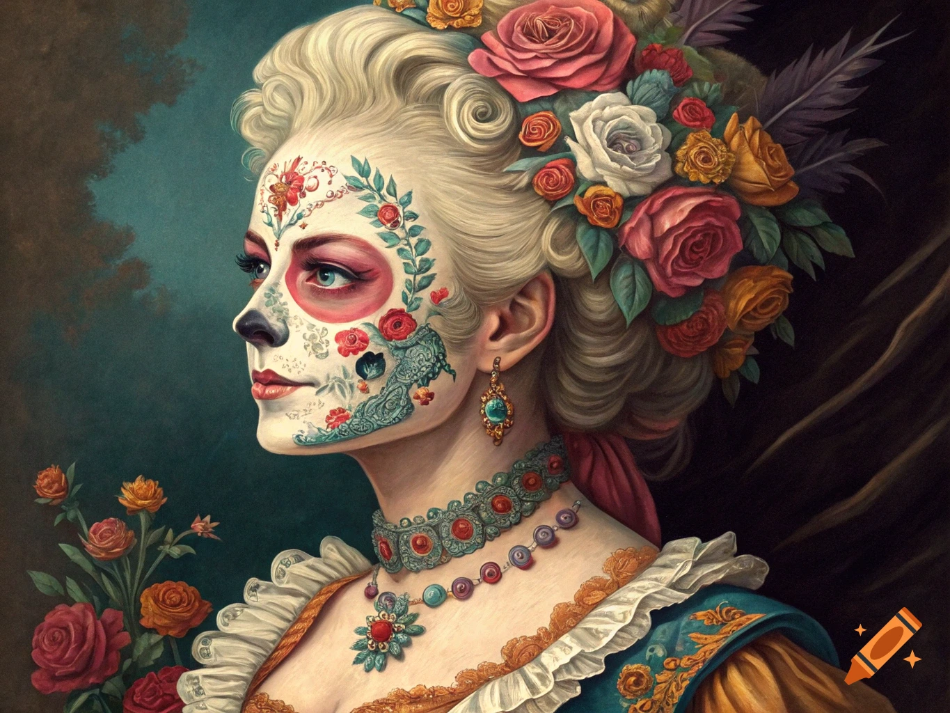 Ornate painterly portrait of a woman with Marie Antoinette hairstyle and Día de Muertos sugar skull makeup, adorned with roses.