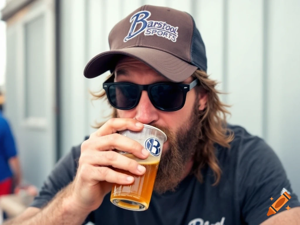 A man with a beard, sunglasses, and a Barstool Sports baseball cap drinks from a clear plastic cup.
