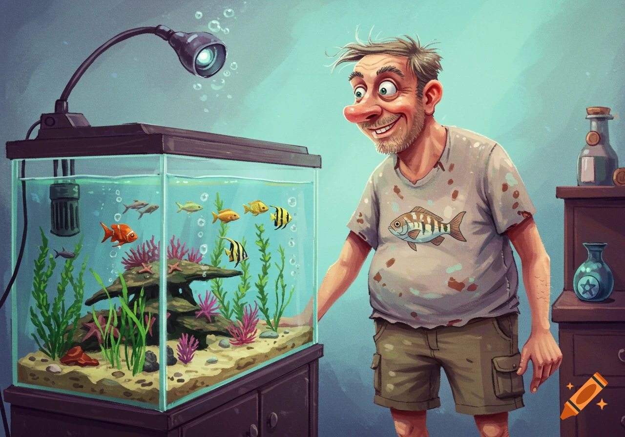 A cartoon man with a large nose, wearing a stained shirt, happily gazes into a vibrant fish tank with colorful fish and aquatic plants.