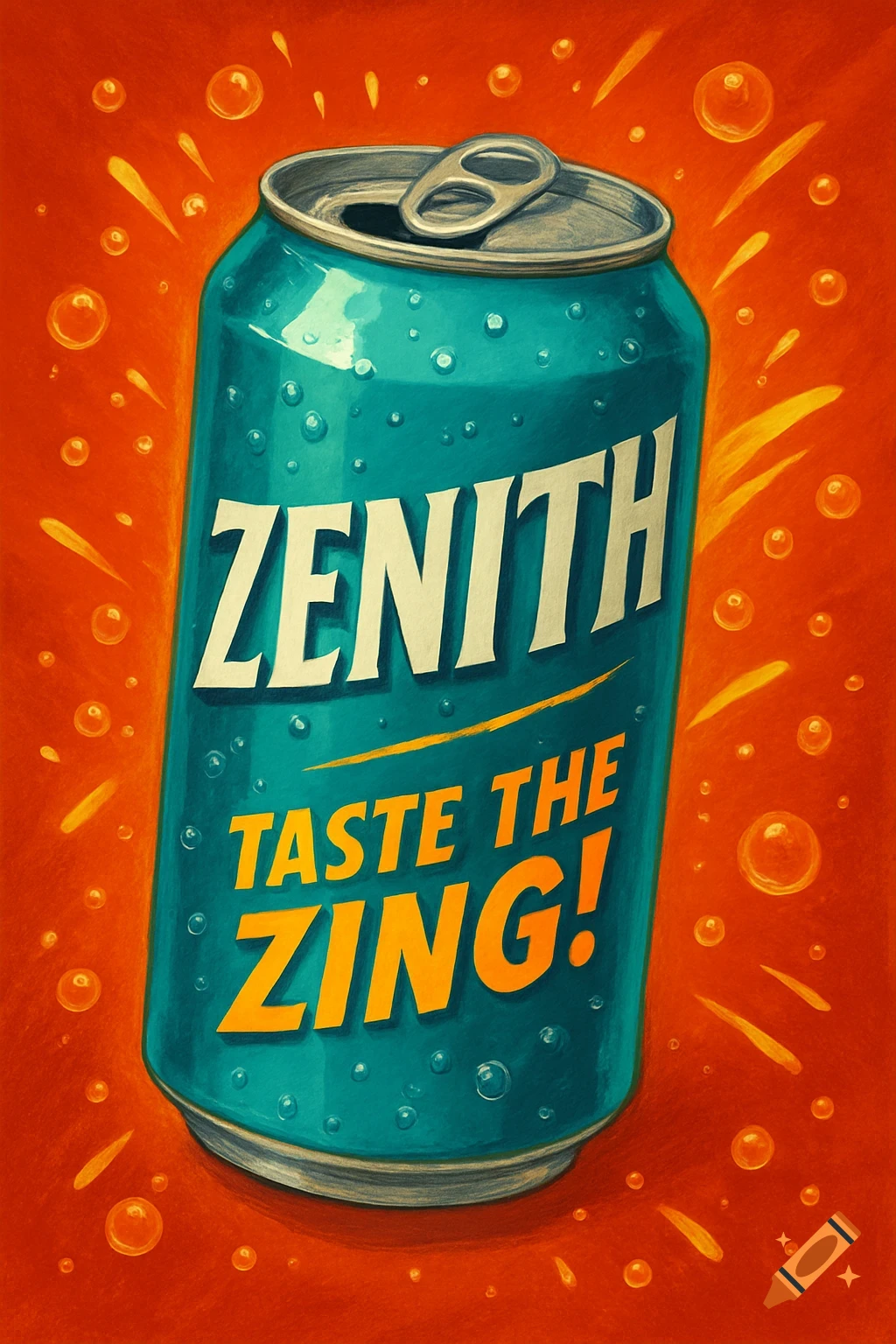 A teal soda can labeled 'ZENITH' and 'TASTE THE ZING!' with condensation, set against an orange background with bubbles and yellow energy lines, in an illustrative style.