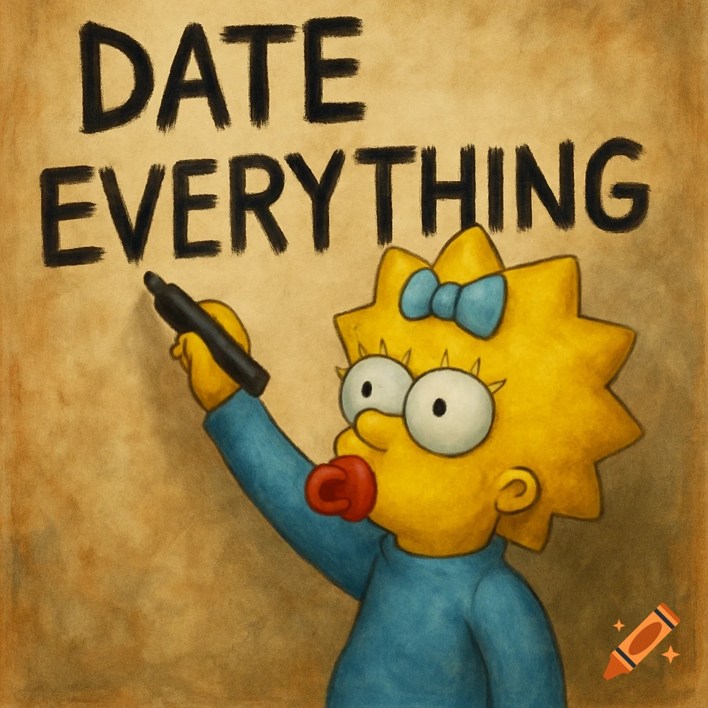 Maggie Simpson writes 'DATE EVERYTHING' on a brown wall with a black marker in a stylized illustration.