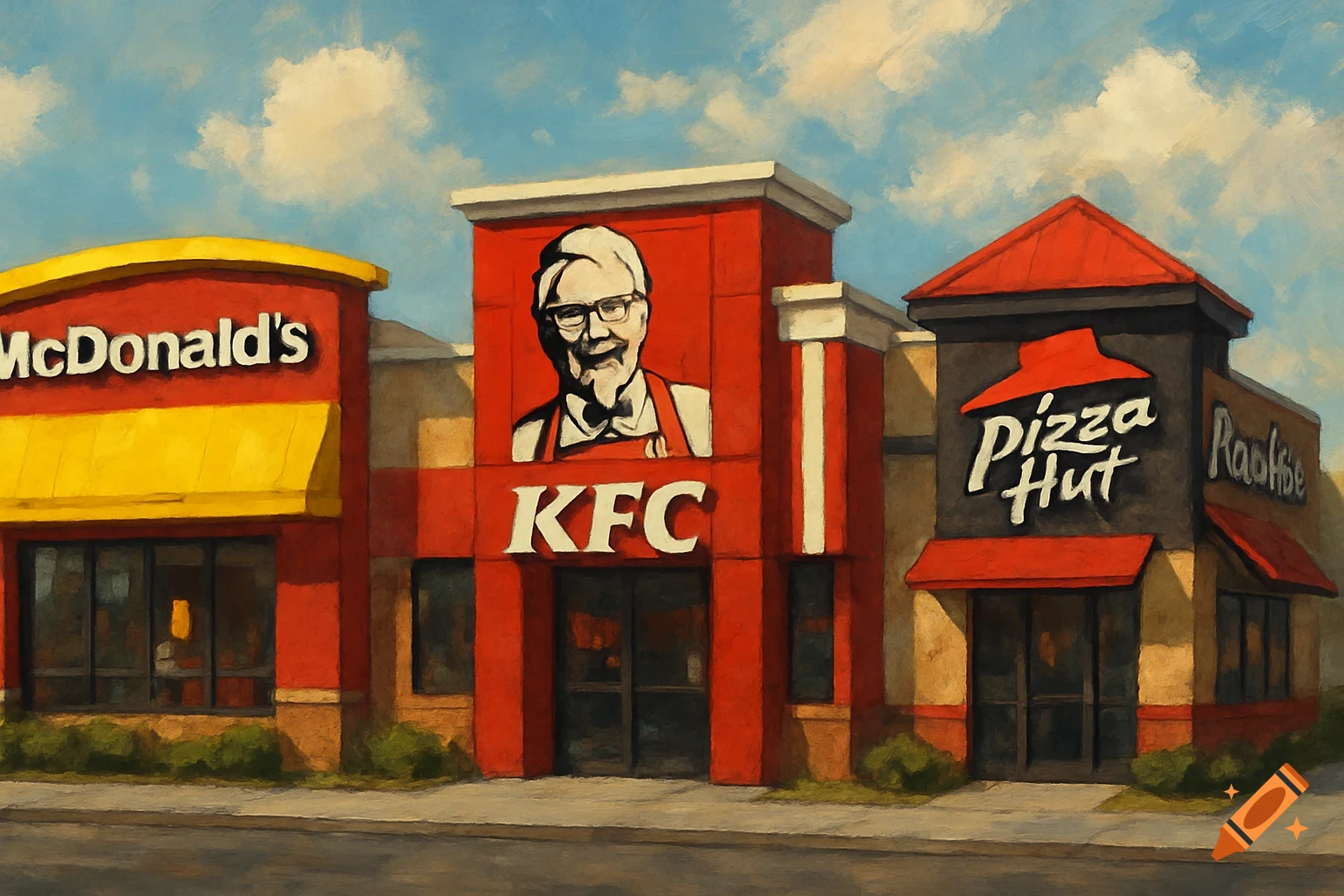 Front view of McDonald's, KFC, and Pizza Hut buildings in an artistic painting style.