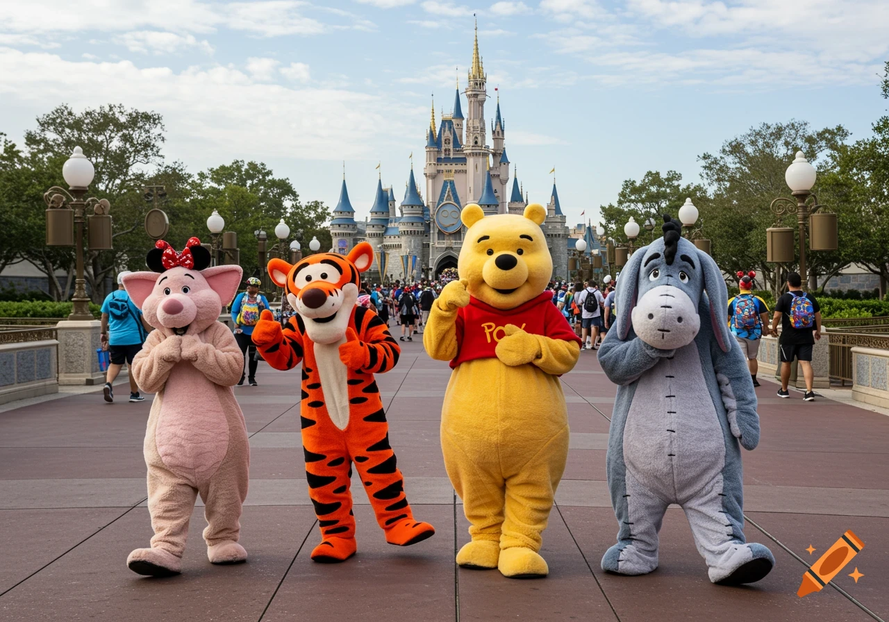 Winnie the Pooh, Tigger, Eeyore, and Piglet mascot costumes pose in front of Cinderella Castle at Disney World.