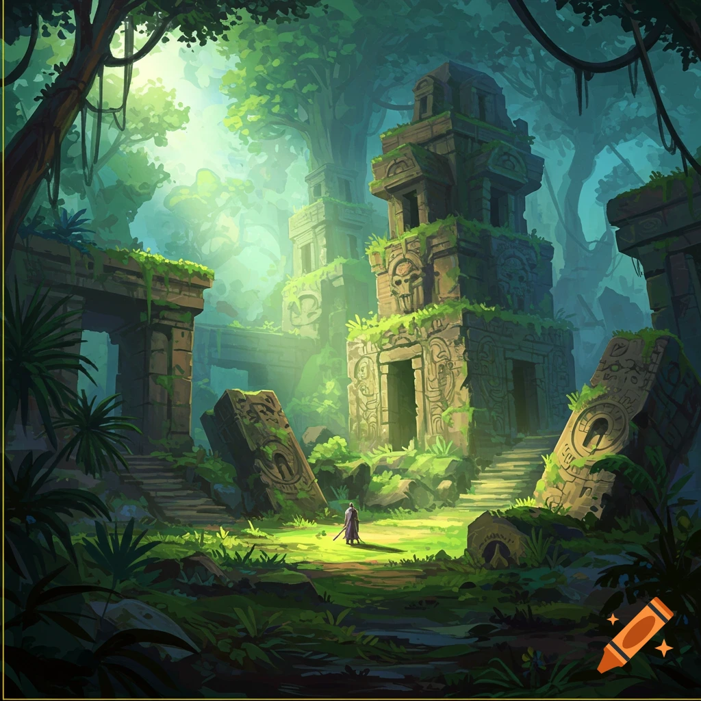 A lone figure stands before ancient moss-covered ruins in a lush, sunlit jungle, in a stylized fantasy art style.