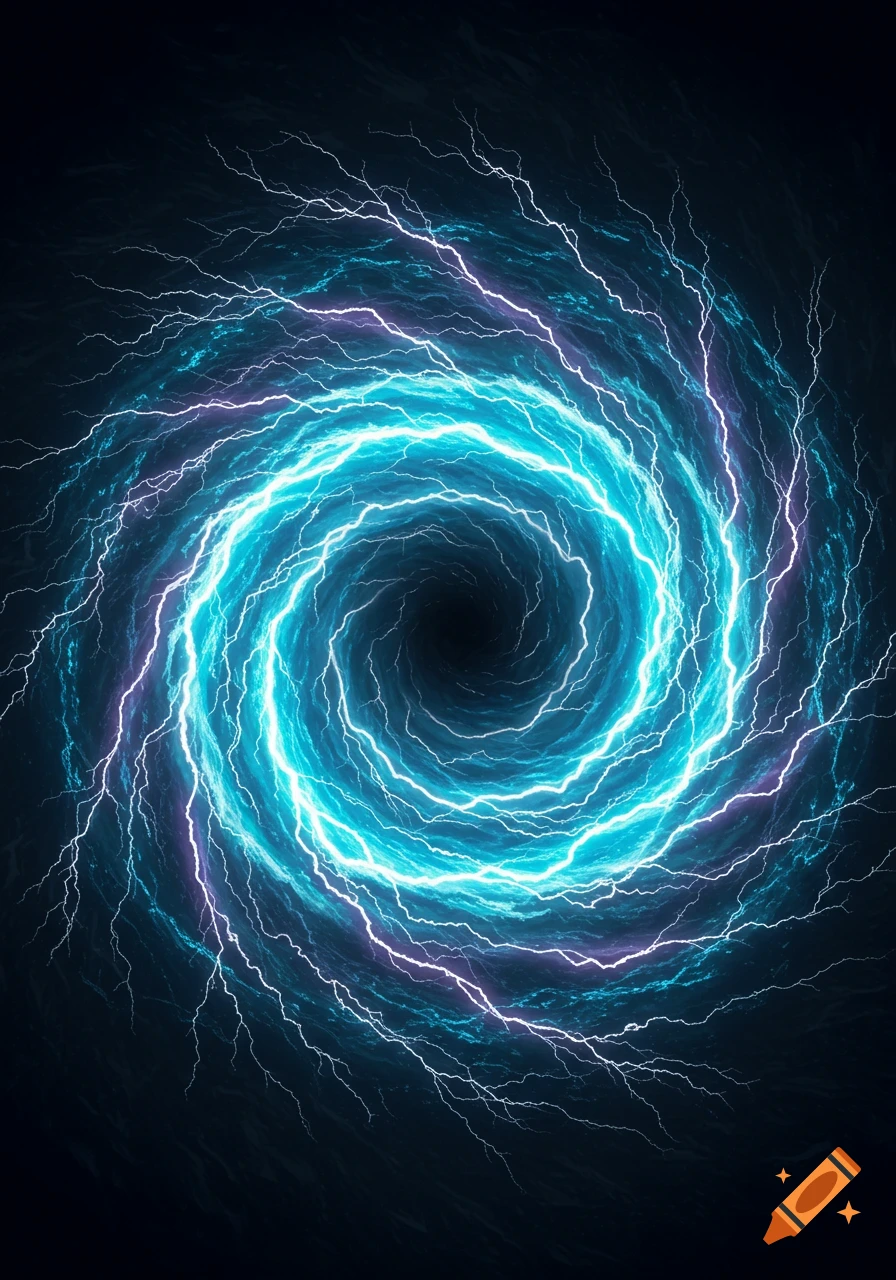 A swirling vortex of vibrant blue and purple lightning bolts against a dark background.