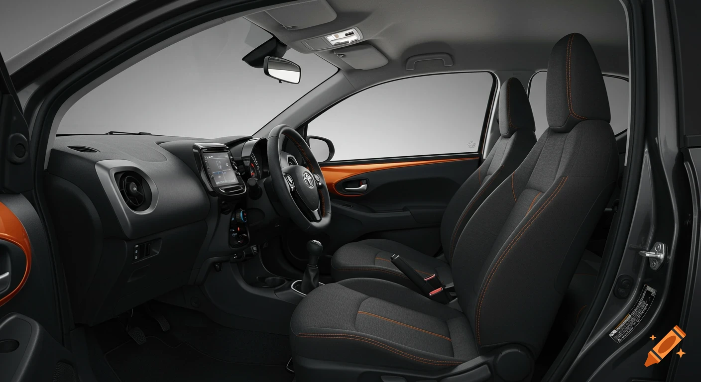 Photorealistic interior view of a dark grey Toyota Aygo with orange trim, showing the dashboard, steering wheel, and front seats.
