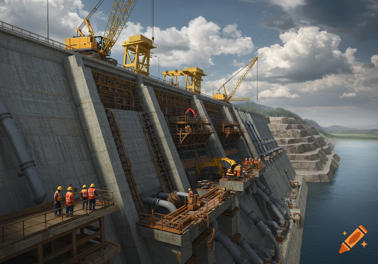 Photorealistic image of a massive concrete dam under construction with cranes, excavators, and workers.