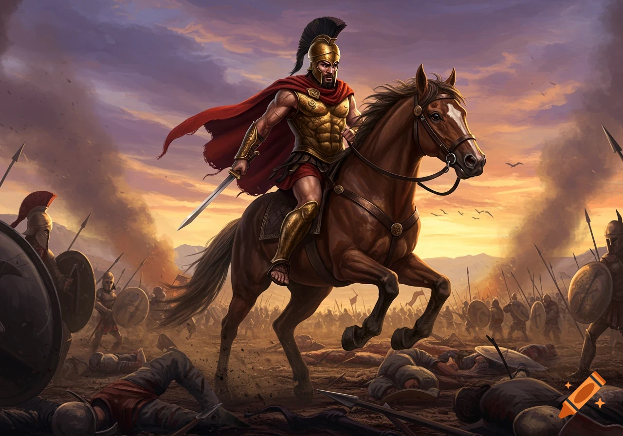 A powerful Greek warrior in golden armor and a red cape rides a brown horse through a chaotic battle scene at sunset, with fallen soldiers and smoke.