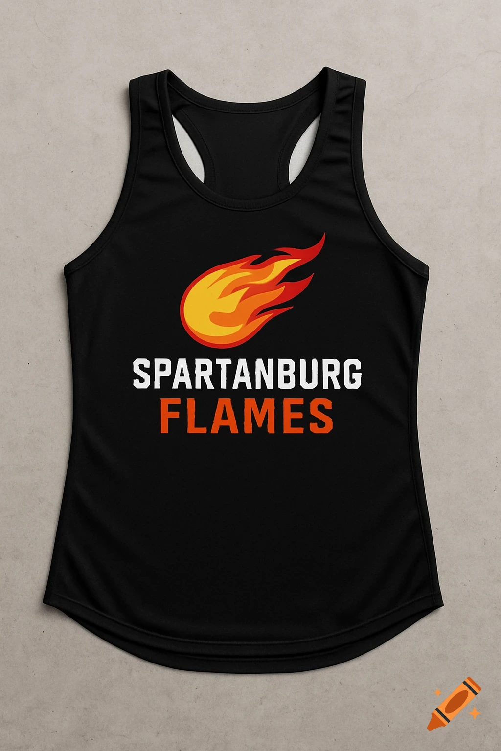 A black track uniform tank top with a fireball logo and text that reads 'SPARTANBURG FLAMES'.