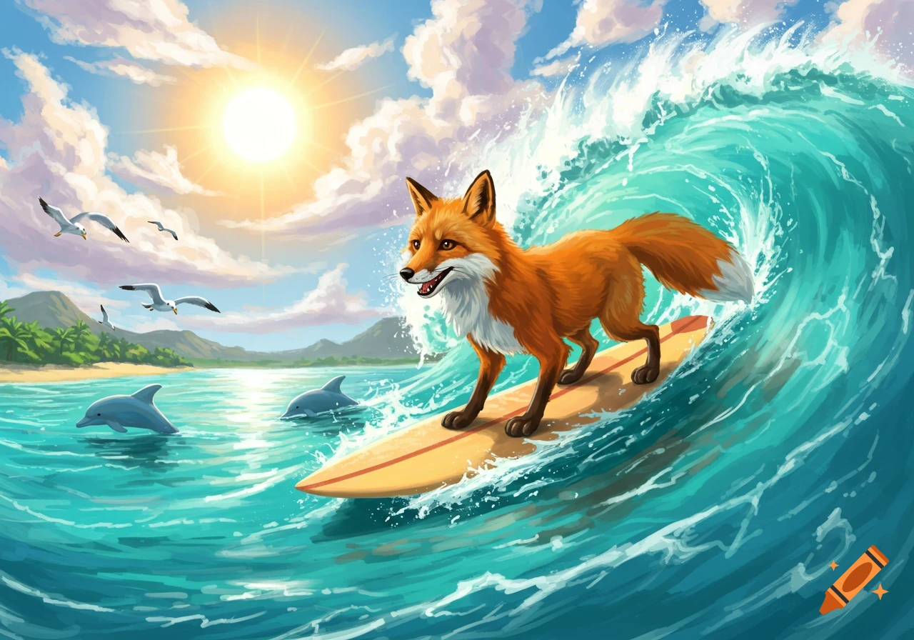 A happy fox surfs a large blue wave with dolphins and seagulls, under a bright sun in a vibrant, cartoon-like ocean scene.