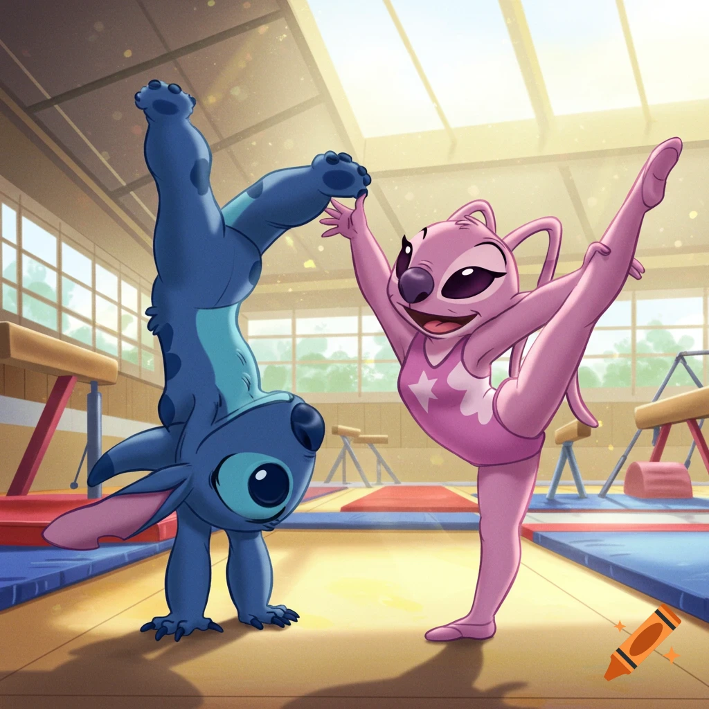 Stitch doing a handstand and Angel performing a high leg stretch in a cartoon gymnastics gym.