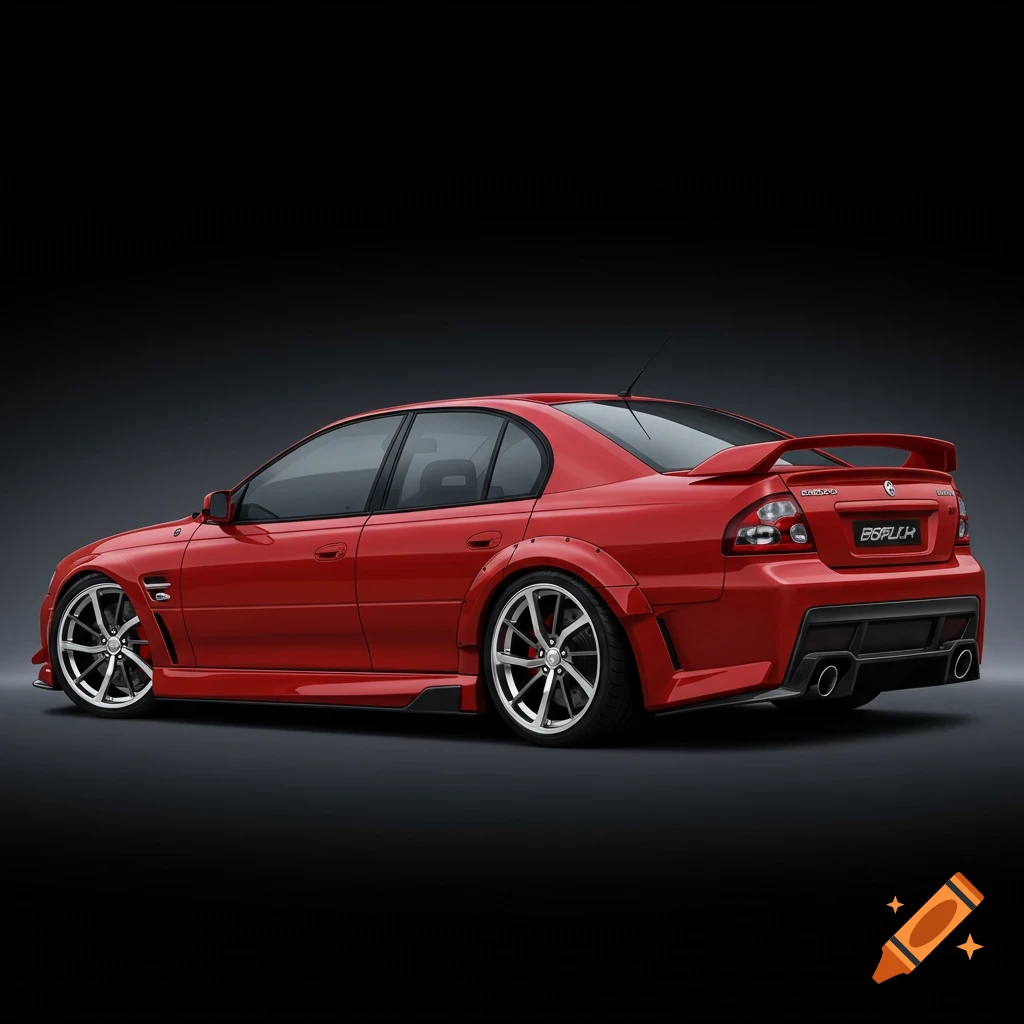 Red 2005 VZ Holden sedan with flared guards, dynamic side skirt, and boot wing, against a dark background.