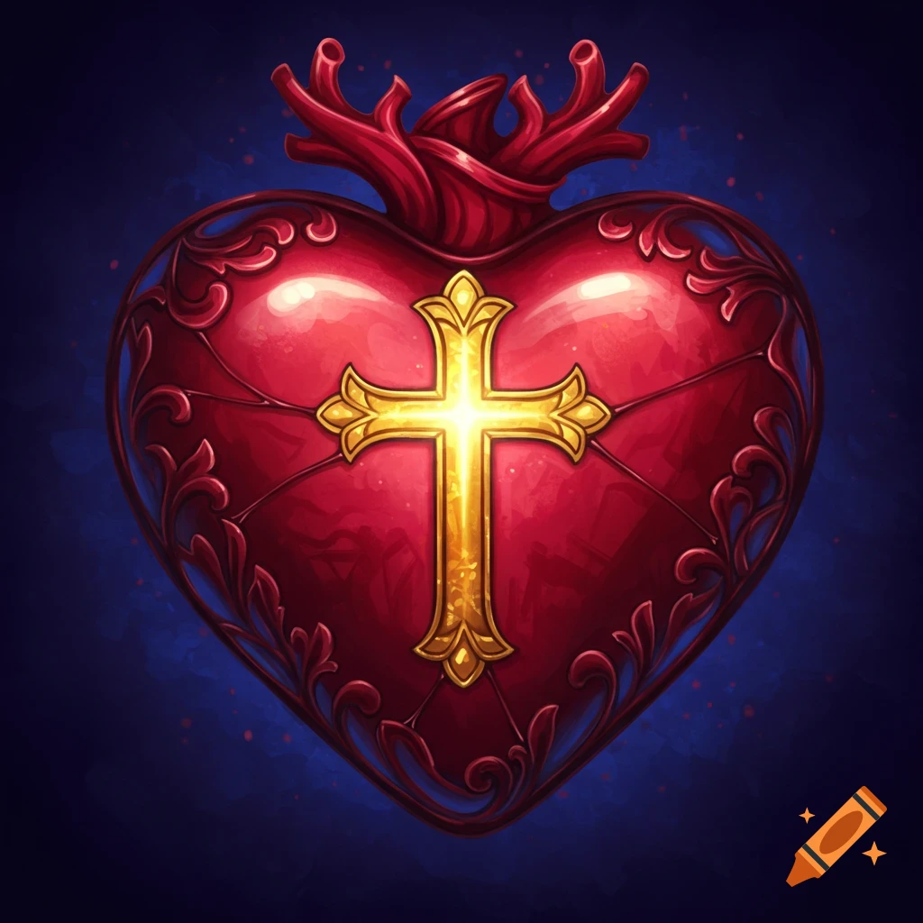 An elegant, stylized red heart with a golden cross at its center, against a dark blue background.