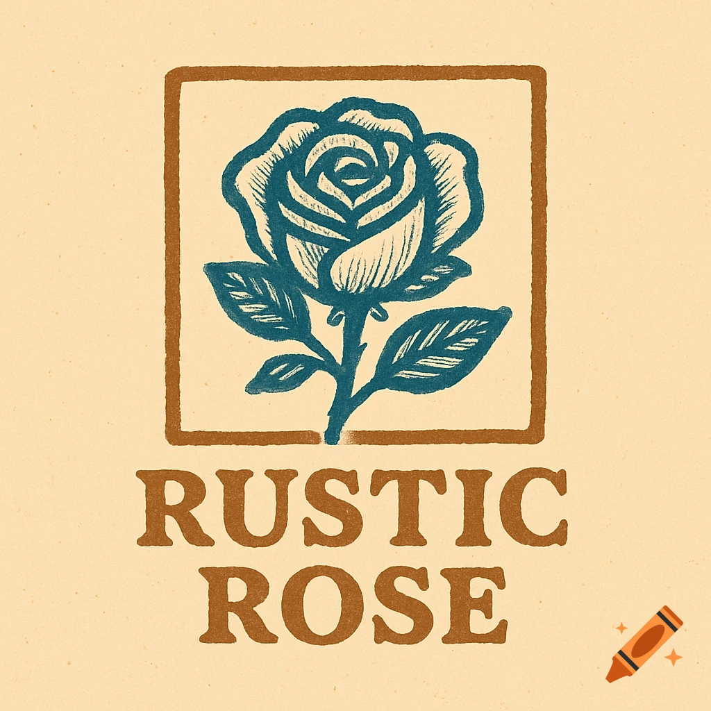 Rustic style logo featuring a teal rose within a brown square frame, with the text 'RUSTIC ROSE' in brown below.