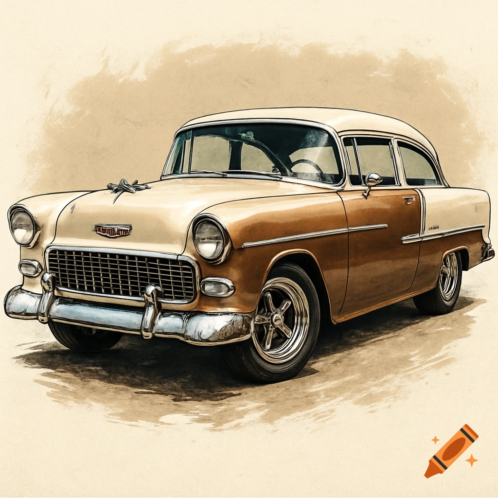 A two-tone cream and metallic brown 1955 Chevrolet Bel Air classic car in a watercolor sketch style.