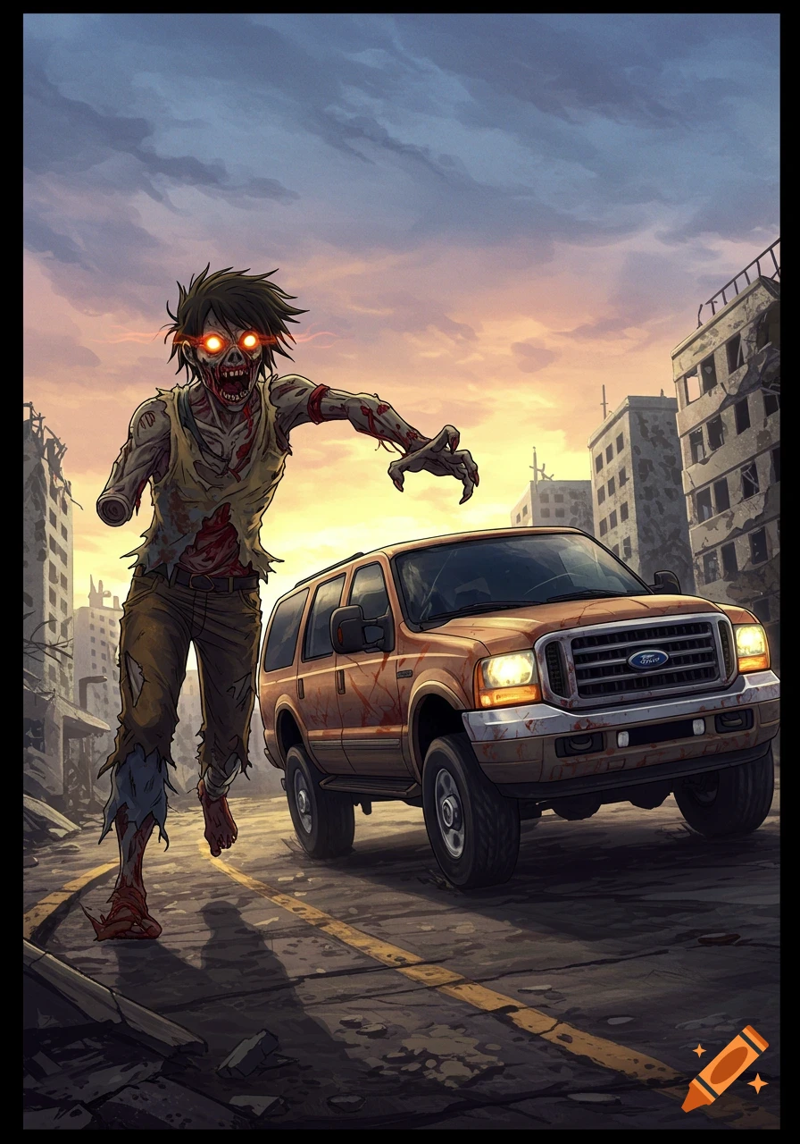 An anime-style zombie with a missing arm chases a blood-splattered Ford Excursion through a ruined city at sunset.
