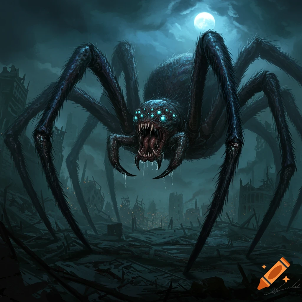 A monstrous, hairy spider with glowing blue eyes and sharp fangs stands in a destroyed city under a full moon, dripping slime.