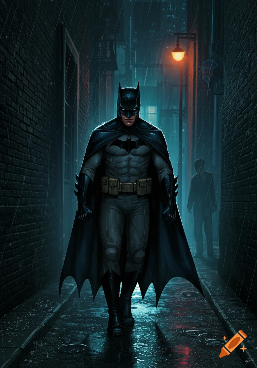 Batman walks through a dark, rainy alley at night, reflections on the wet ground.
