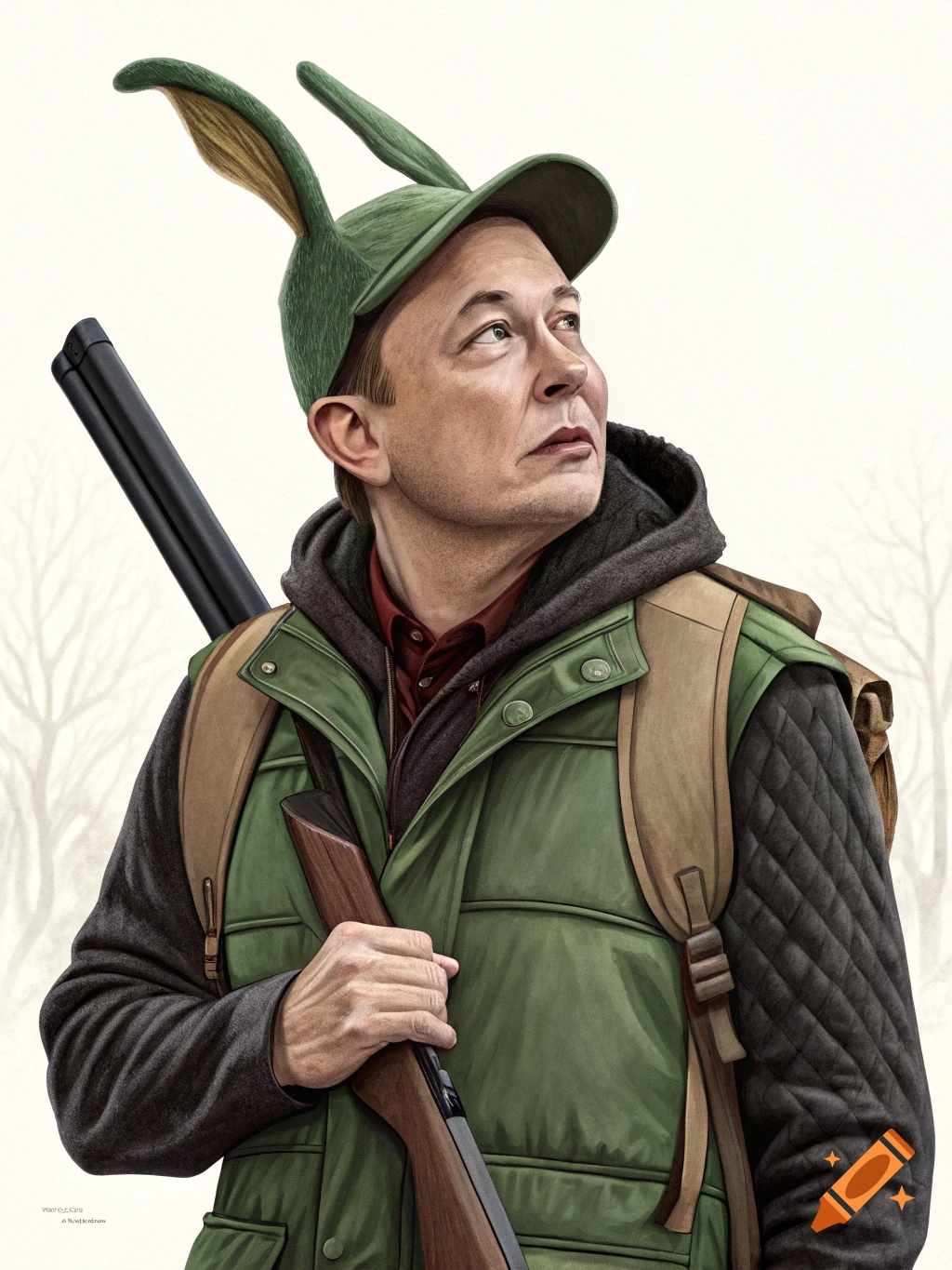 Illustration of Elon Musk dressed as Elmer Fudd, wearing a green hunting vest, hat with bunny ears, and carrying a shotgun, looking up.