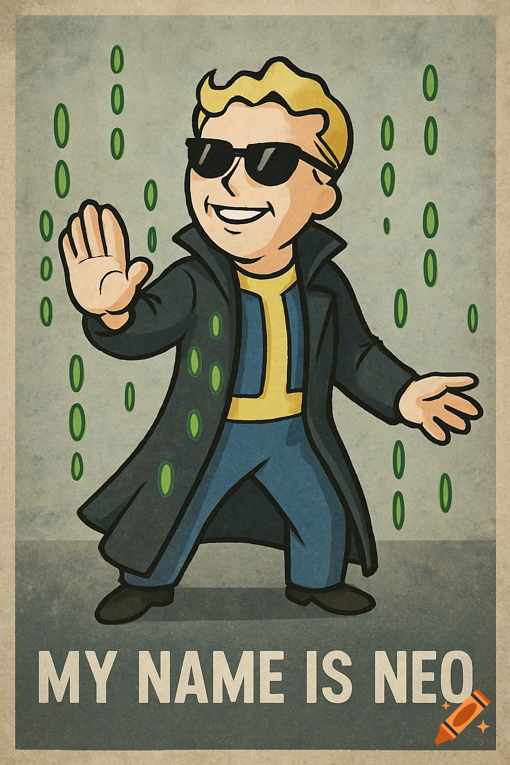 Fallout's Vault Boy as Neo from The Matrix, standing in a trench coat against digital rain, with 'MY NAME IS NEO' on a retro-style poster.
