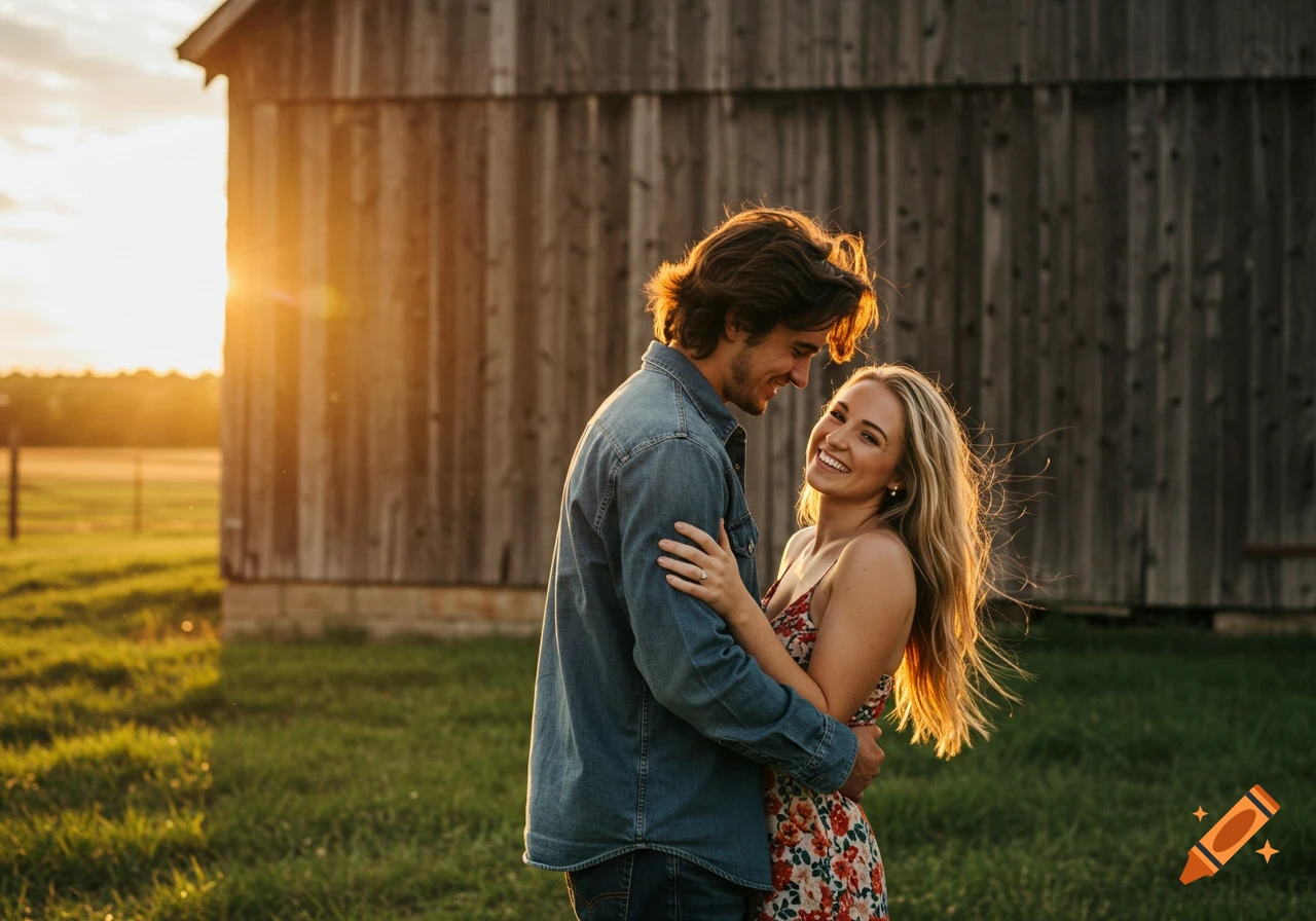 A photorealistic image of a smiling couple hugging in front of a rustic wooden barn at sunset.
