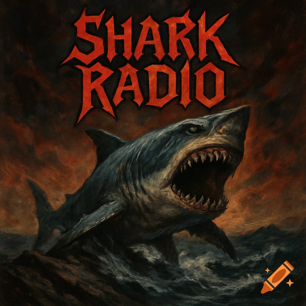 A menacing great white shark bursts out of dark, stormy water under a fiery sky, with 'SHARK RADIO' in a bold, jagged red font above.