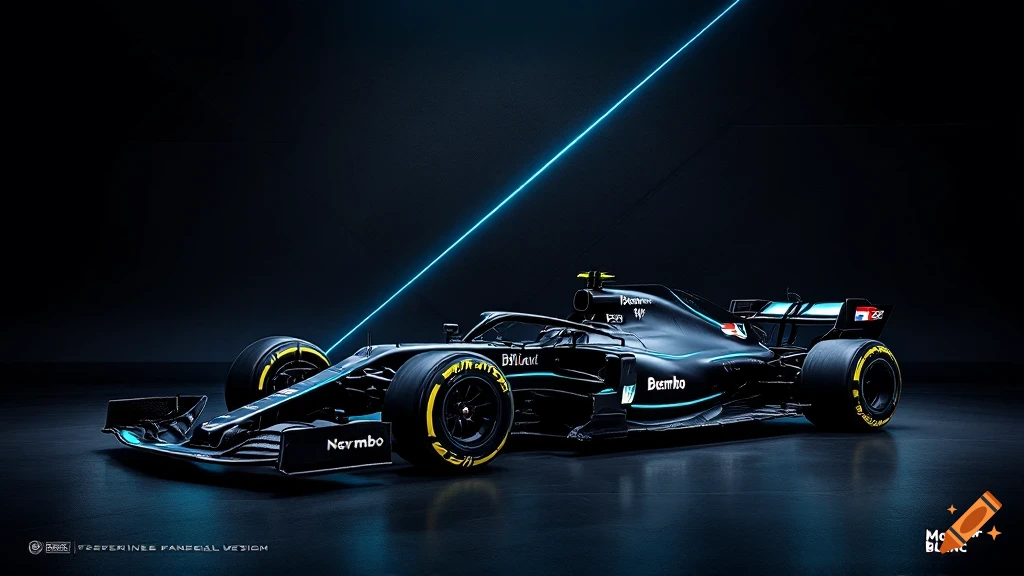 A sleek matte black Formula 1 car with vibrant blue neon accents is angled against a dark carbon-textured background with a diagonal blue light beam.