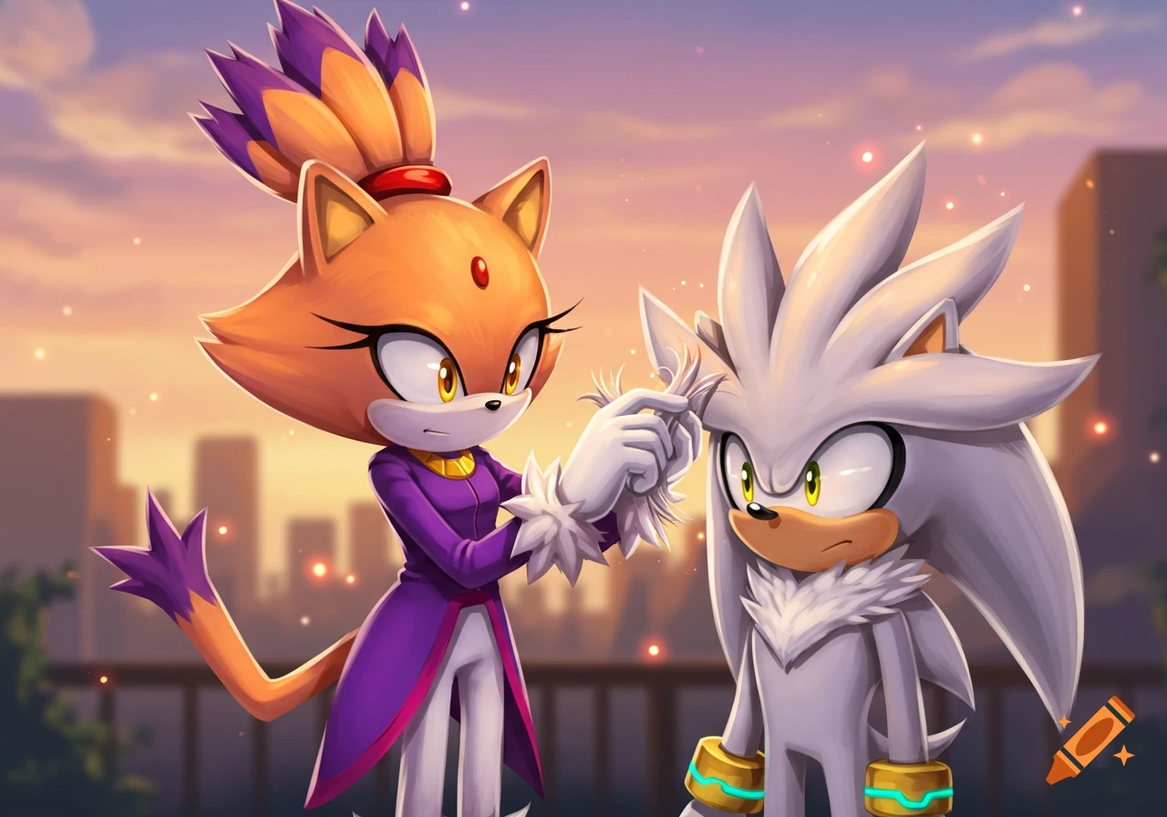 Blaze the Cat styling Silver the Hedgehog's hair against a sunset city skyline in a cartoon style.