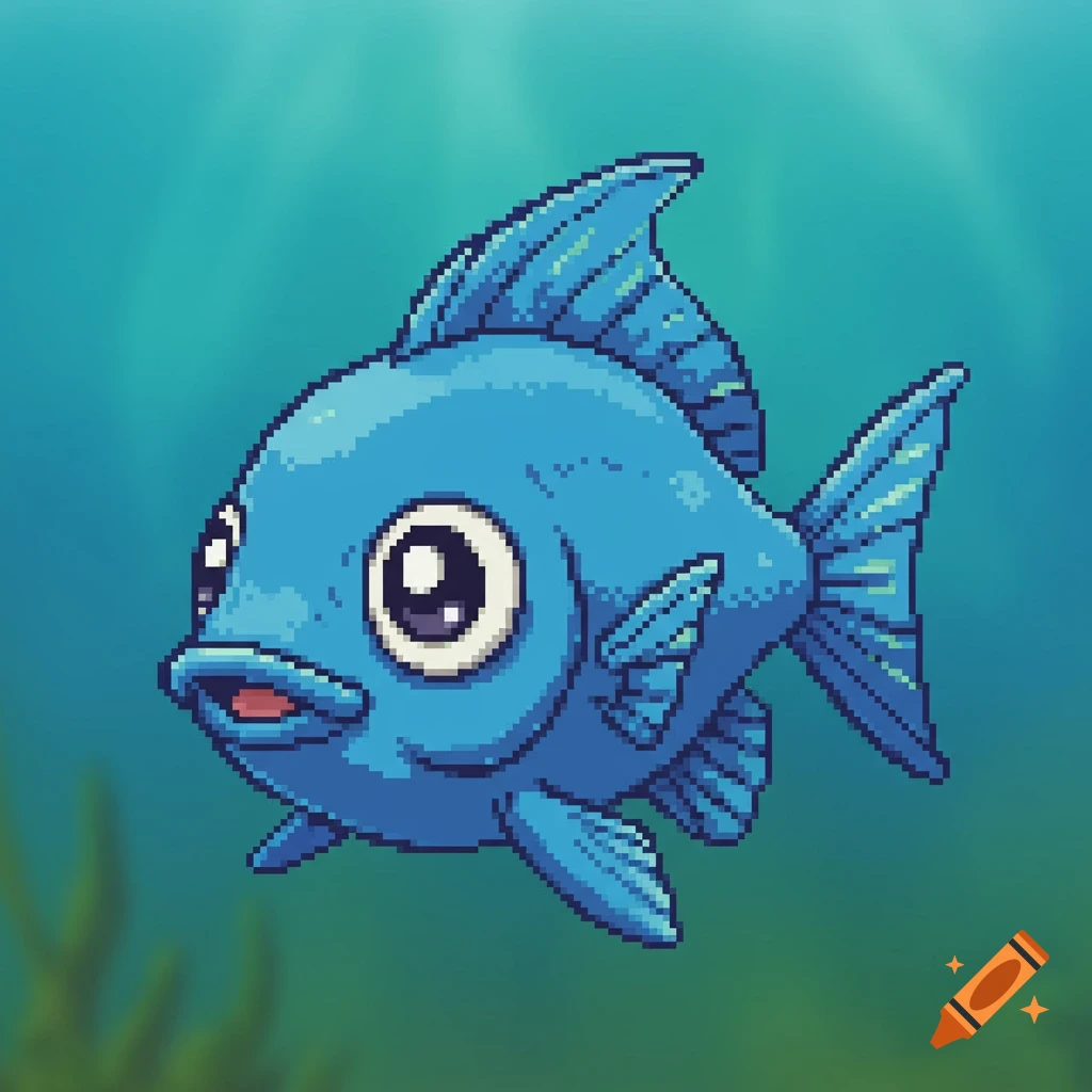 A cute, blue, pixel-art style fish with large eyes swims in green-blue water.