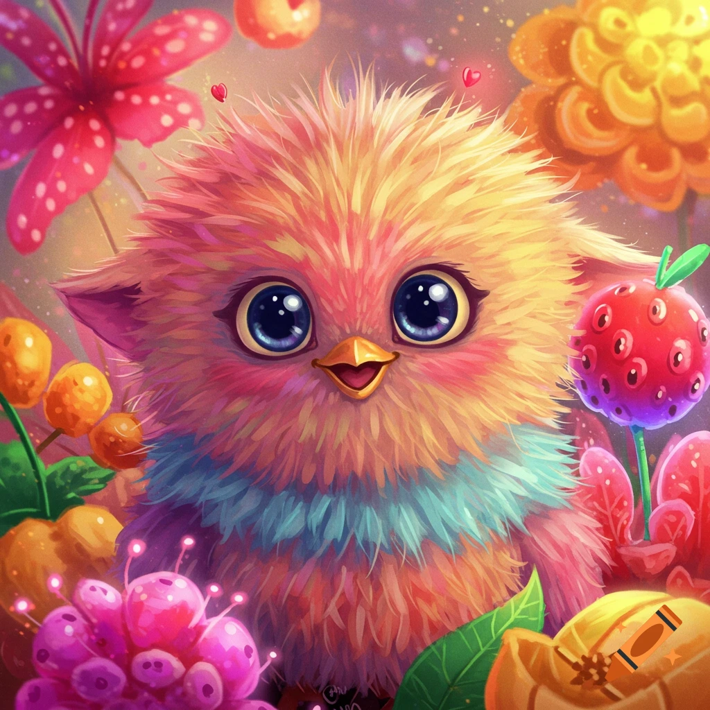 A fluffy, orange and pink creature with large blue eyes and a turquoise collar, surrounded by vibrant, fantastical flowers.