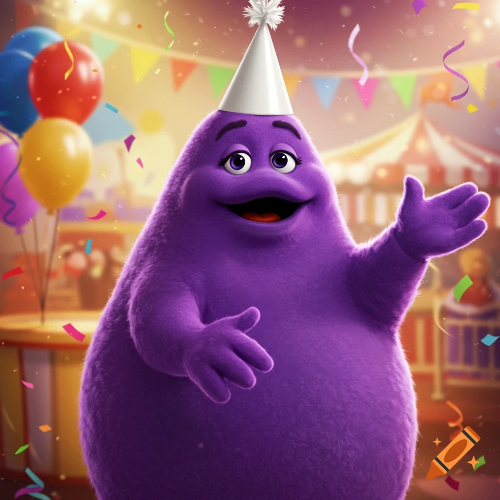 Grimace wearing a white party hat, smiling and waving, at a festive carnival party with balloons and confetti.
