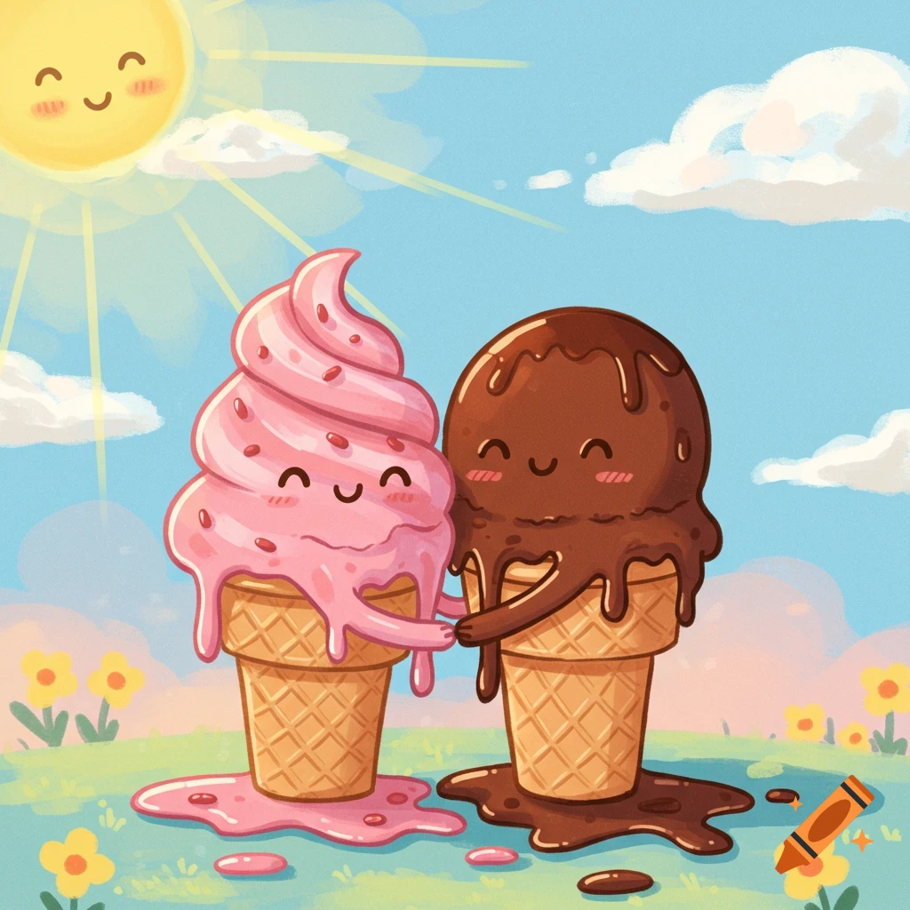 A cute cartoon illustration of two melting ice cream cones, strawberry and chocolate, hugging in a sunny field.
