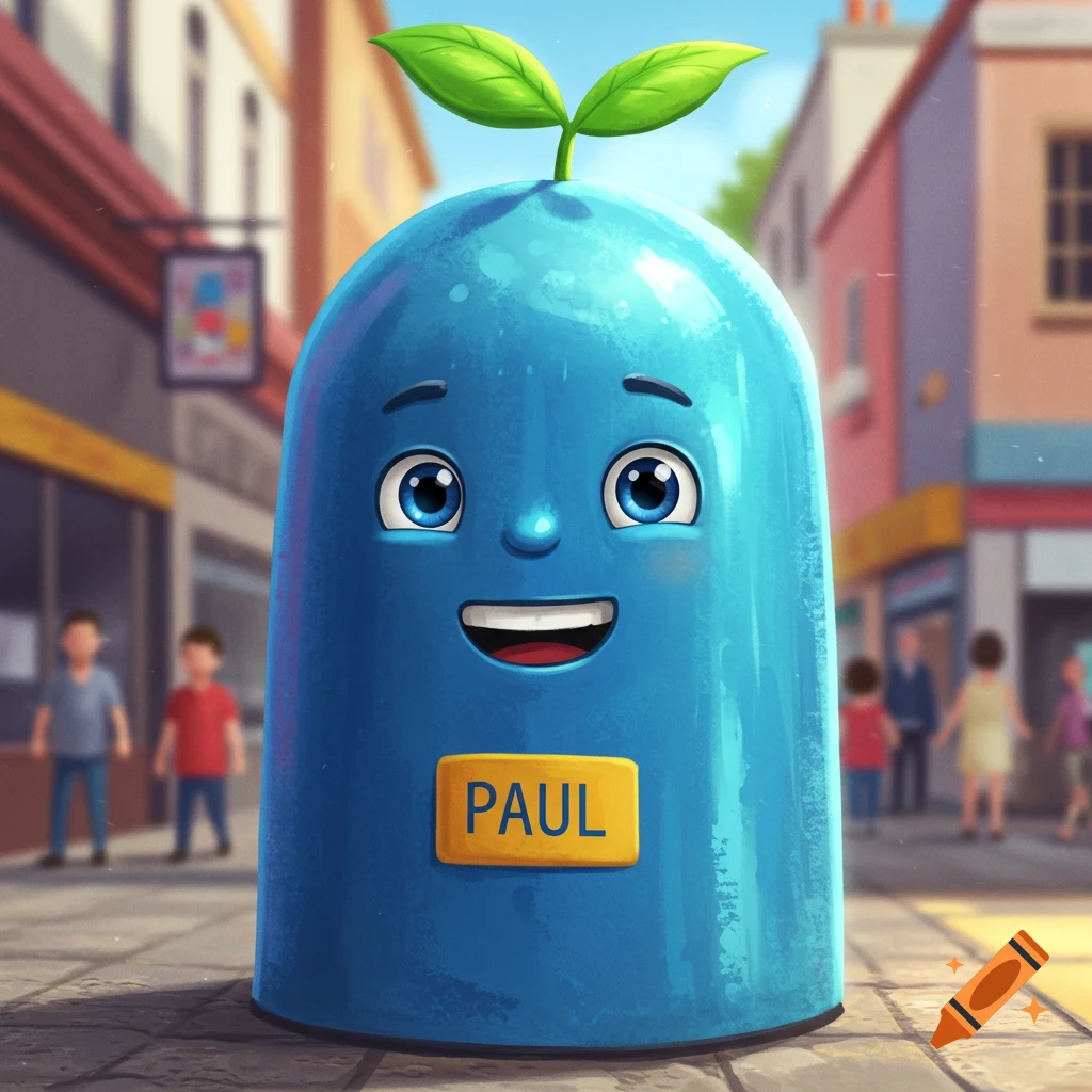 A cute blue cartoon bollard character with a happy face and green leaves on its head stands on a city street. A yellow label on its chest reads 'PAUL'.