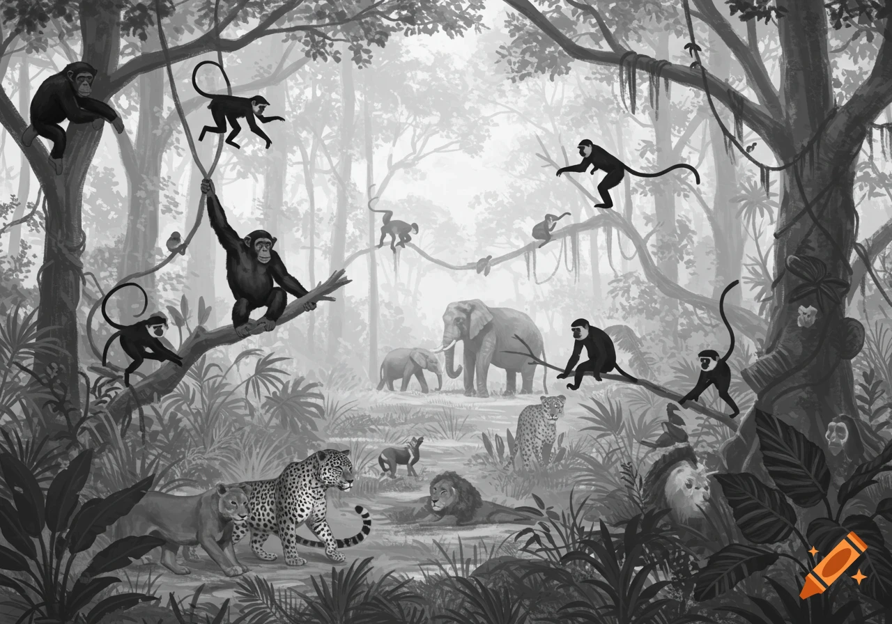 A black and white illustration of a dense jungle scene featuring various animals like monkeys, elephants, leopards, a lion, and a deer.