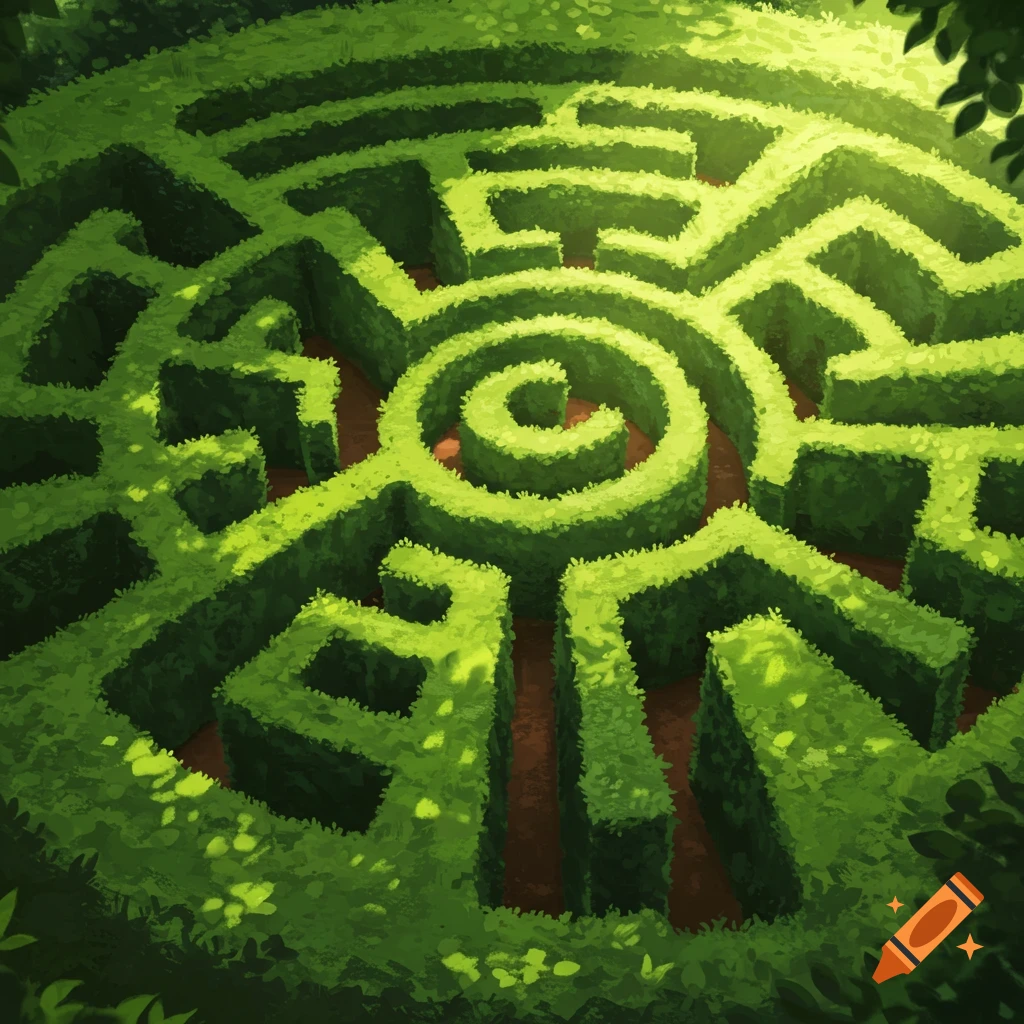 Aerial view of a vibrant green hedge maze with a spiral path resembling a sun, bathed in sunlight.