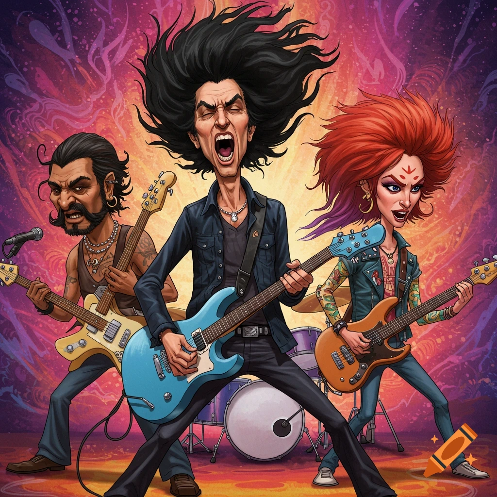 A colorful caricature illustration of a rock band, with three musicians playing guitars and drums in a vibrant, energetic style.