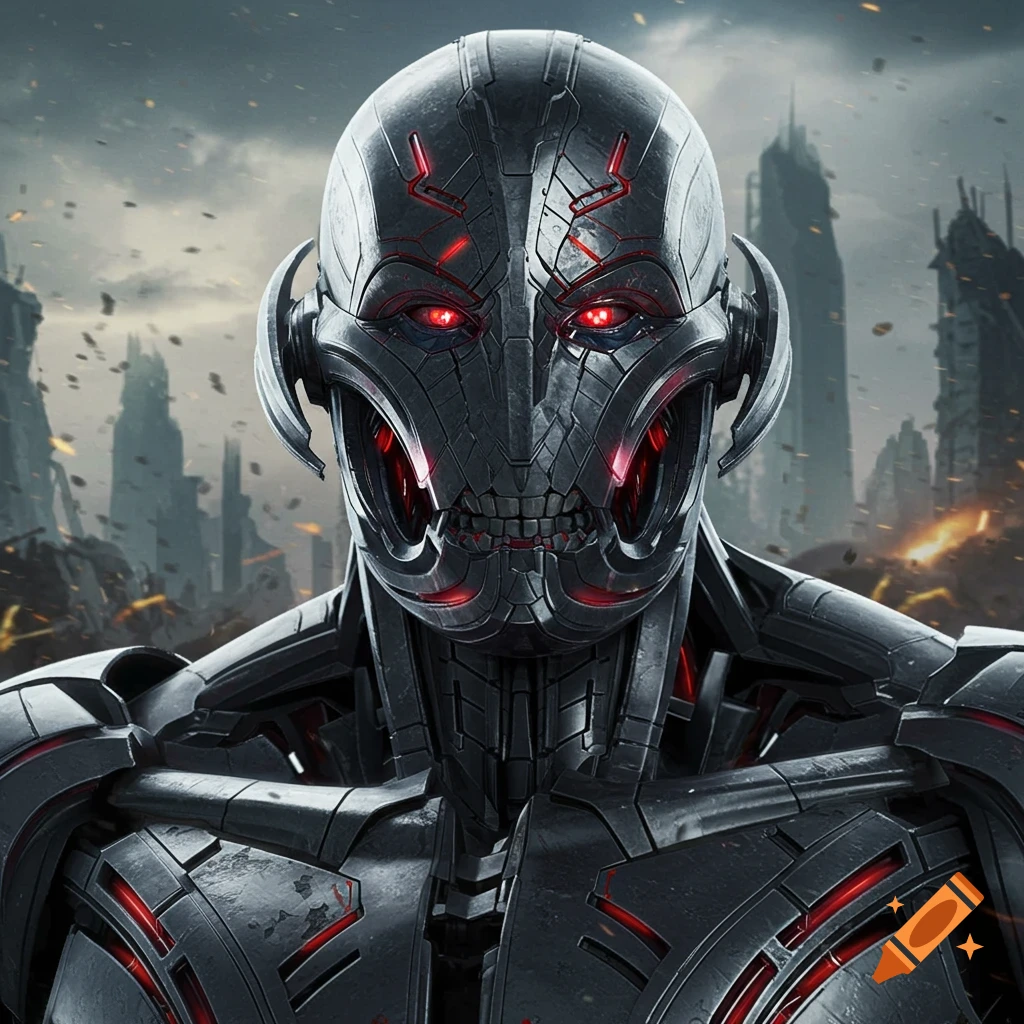 A detailed, photorealistic close-up of Ultron, a dark gray robot with glowing red eyes, against a destroyed city background.