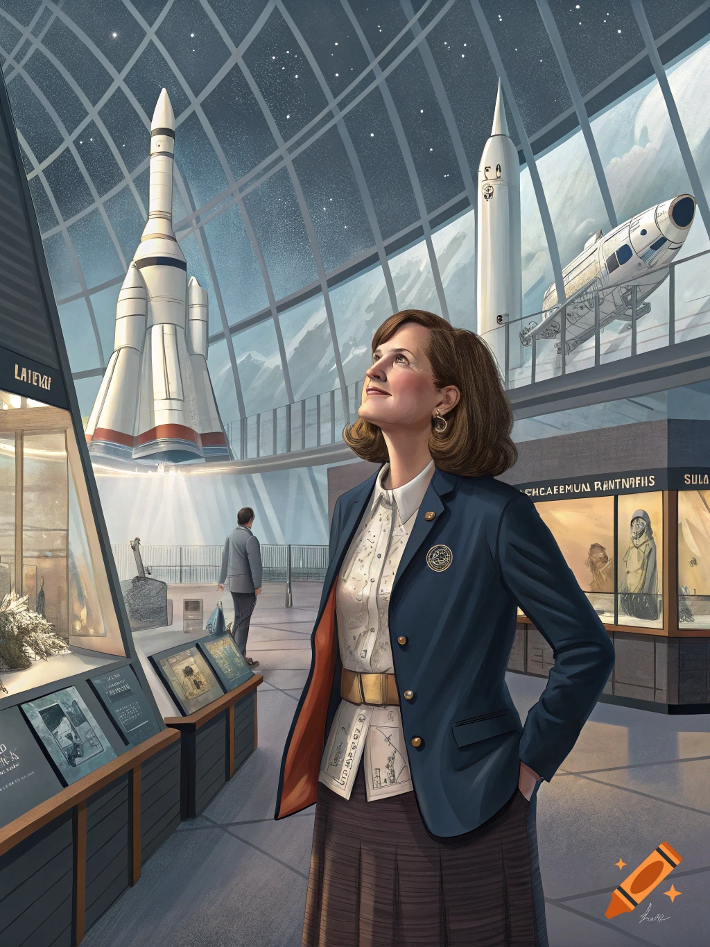 A woman in a blue blazer and pleated skirt looks up admiringly at a large rocket display inside a modern space museum.