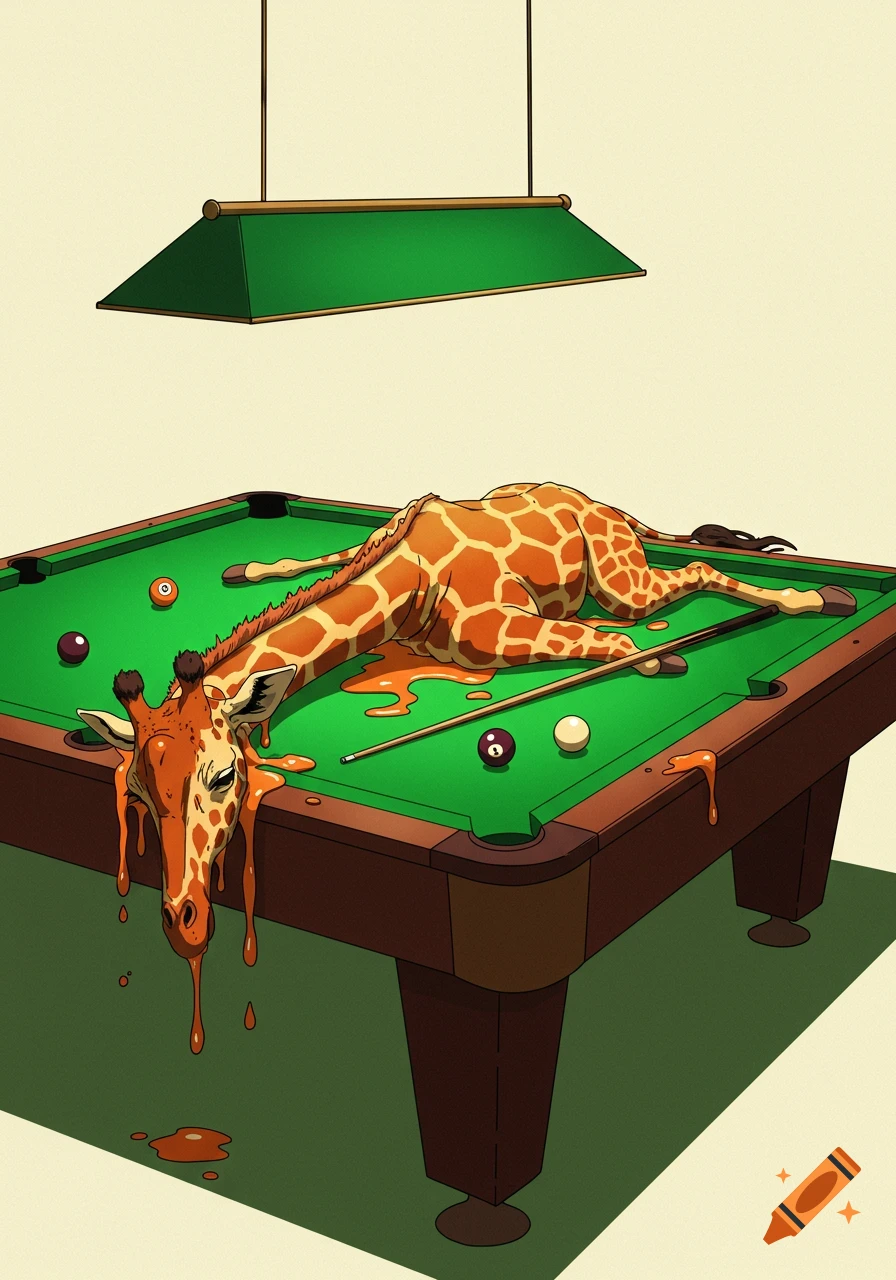 A half-melted orange and brown giraffe lies slumped over a green pool table with brown liquid dripping from its head, in a cartoon illustration style.