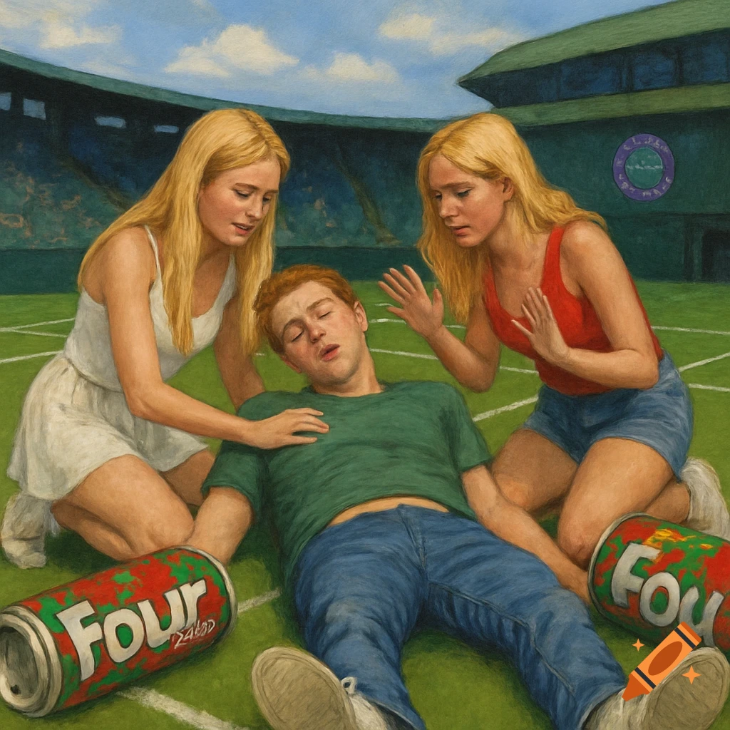 Painterly image of a man passed out on a tennis court, with two women attending to him and two large drink cans nearby.