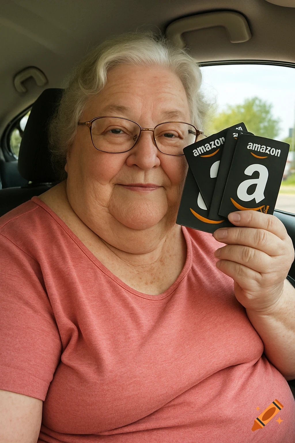 An elderly woman with glasses smiles in a car while holding three Amazon gift cards.