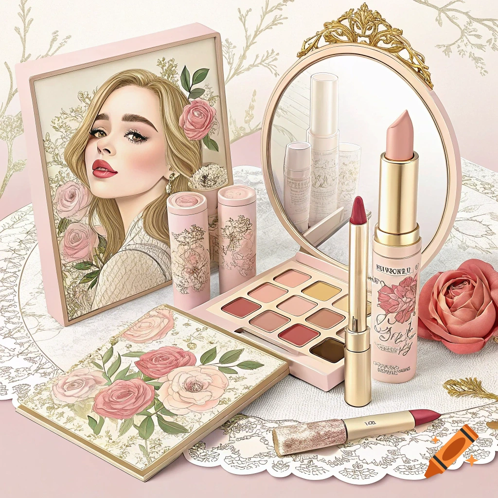 A collection of pink and gold vintage-style makeup products including an eyeshadow palette, lipsticks, and tubes with floral designs, set on a lace tablecloth with a mirror.
