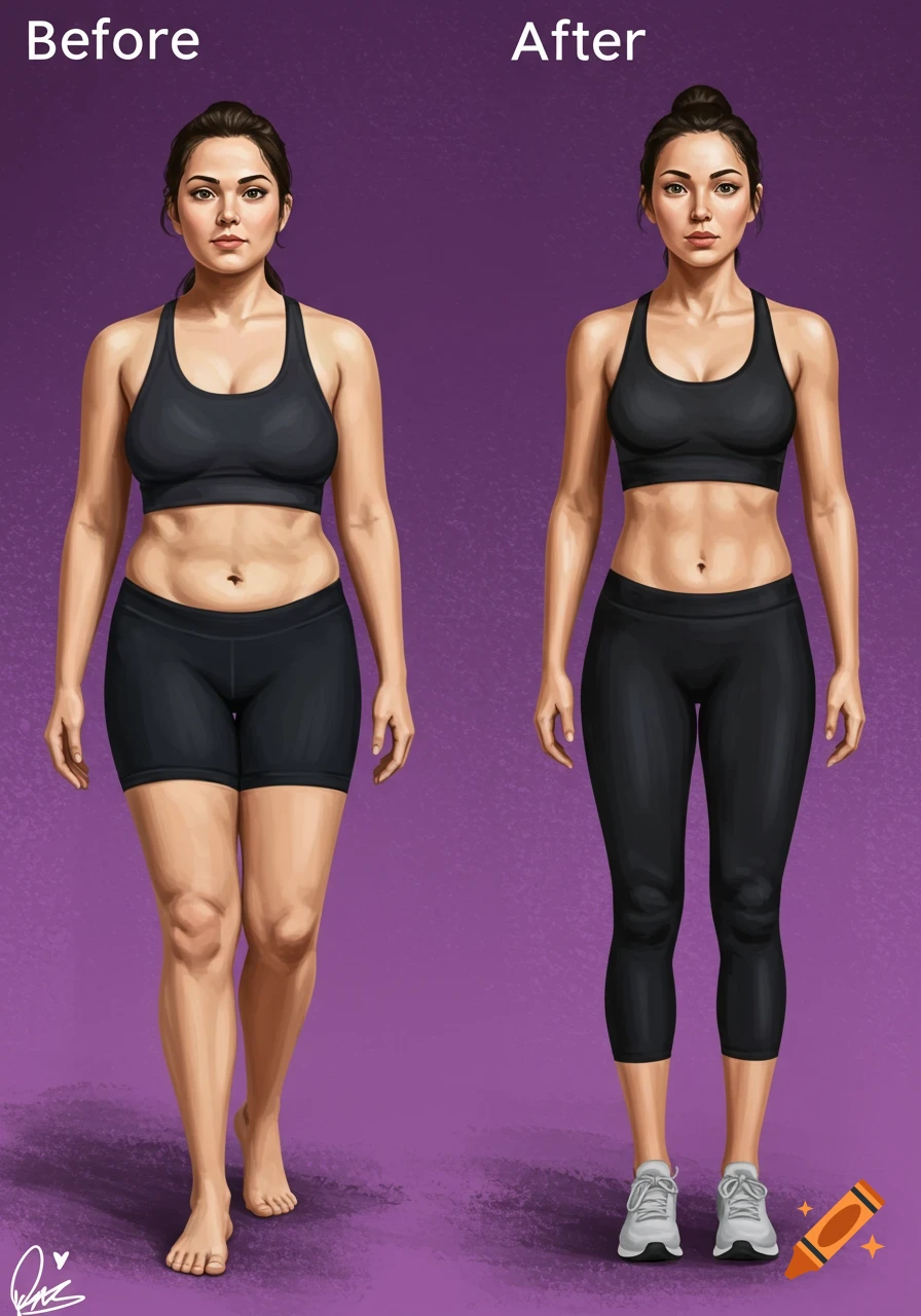 An illustration showing a woman's weight loss journey, with a curvier 'Before' image on the left and a more athletic 'After' image on the right.