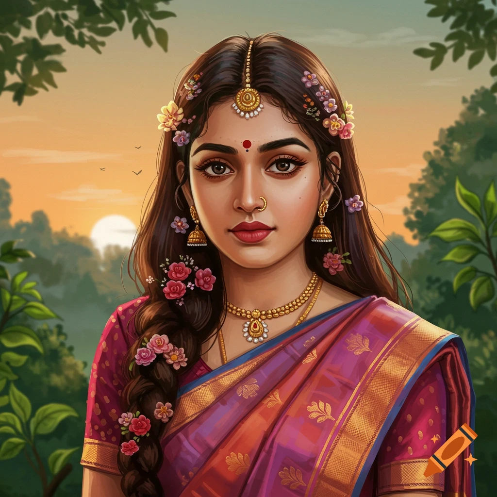 Illustrative portrait of an Indian woman in a purple sari, gold jewelry, and flowers in her hair, against a sunset landscape.