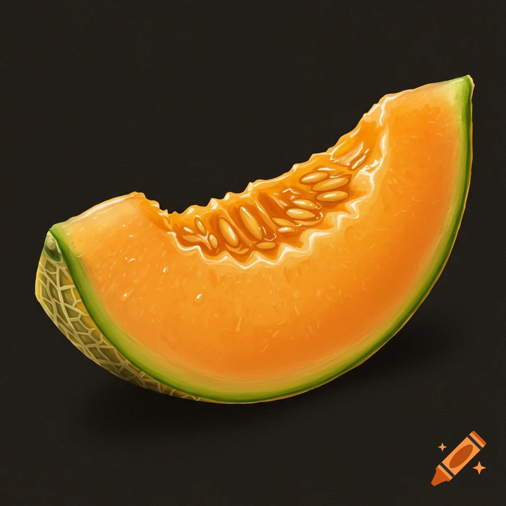 A vibrant orange slice of cantaloupe with visible seeds and green rind, against a dark background.